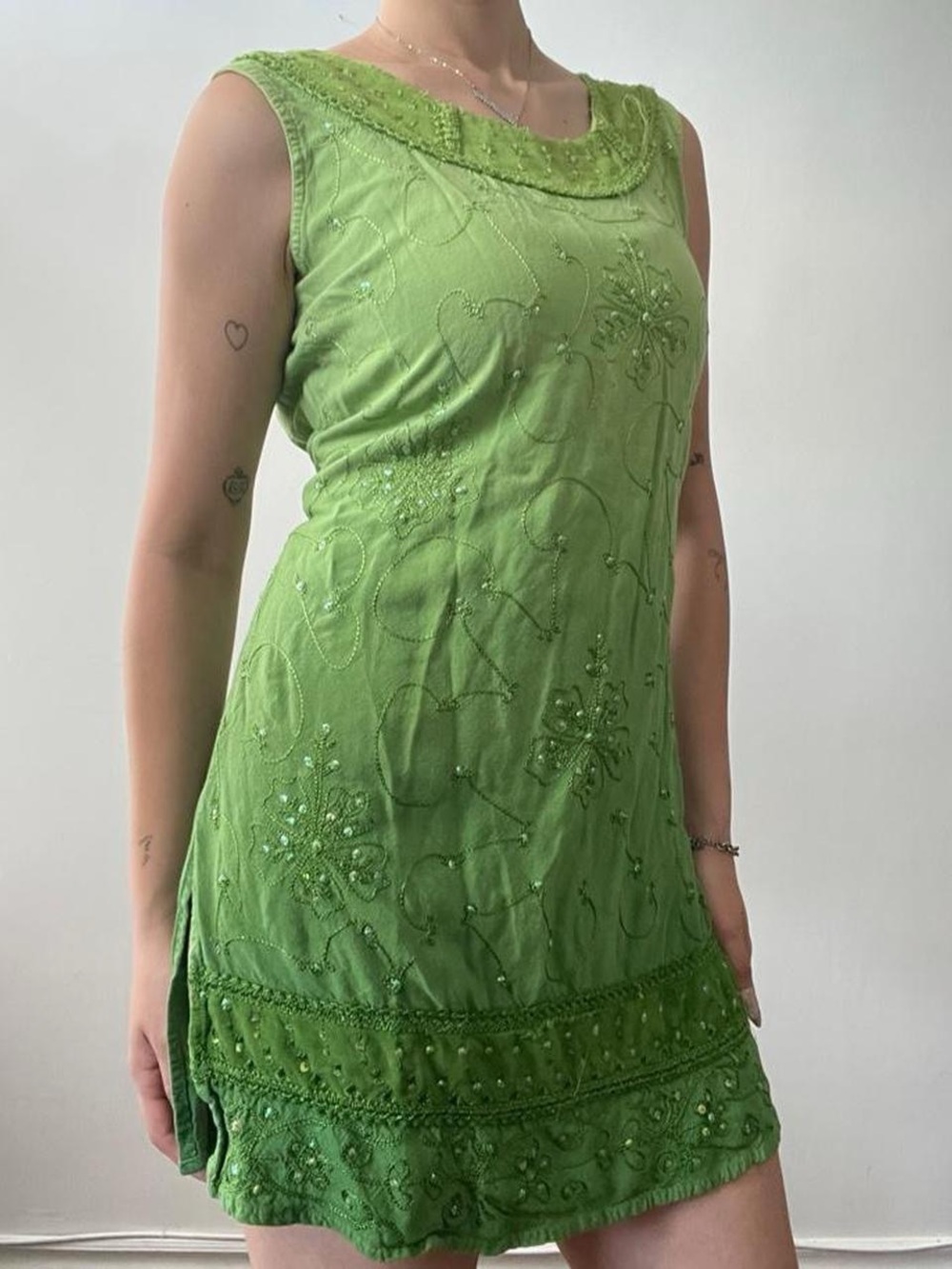 Size Large Green Beaded & Embroidered Mini Dress